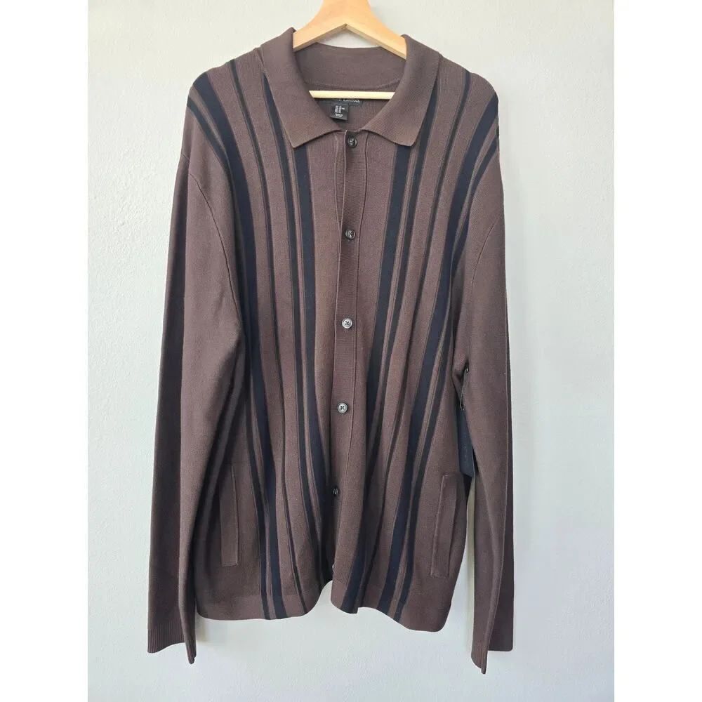Christian Lacroix XL Espresso Brown Striped Knit Polo Cardigan NWT Old Money